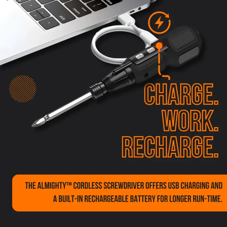 Cordless screwdriver charging via USB connected to a laptop, black background, promotional text.