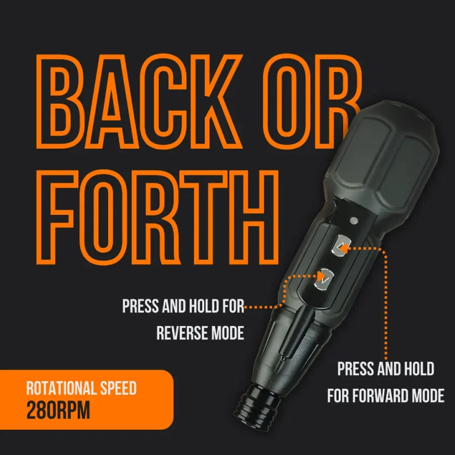 Cordless screwdriver with forward and reverse mode buttons, 280RPM rotational speed, black background