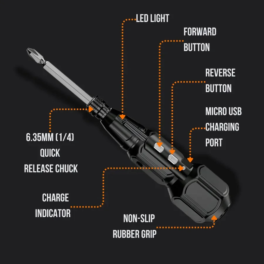 Cordless screwdriver with LED light, quick release chuck, micro USB charging port, non-slip grip