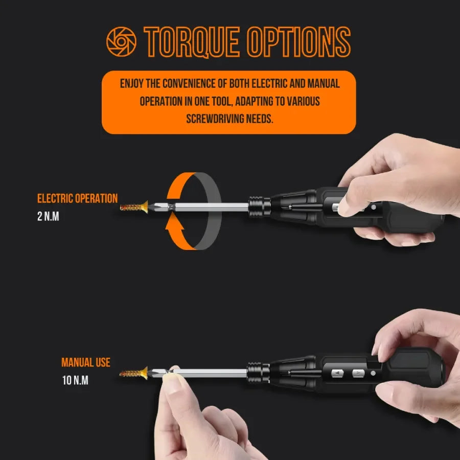 Cordless screwdriver with 9 torque options, electric and manual operation settings shown.