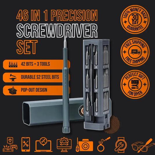 46 in 1 precision screwdriver set with 42 bits, S2 steel, pop-out case, and tool icons.