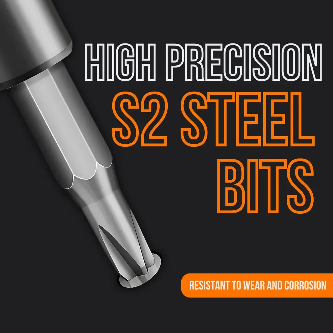High precision S2 steel screwdriver bit close-up with wear and corrosion resistance text