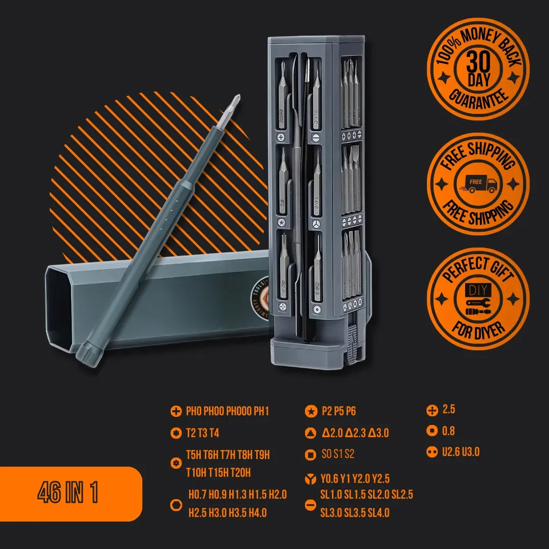 Portable 46-in-1 screwdriver set with magnetic bits, compact case, and repair tool features.