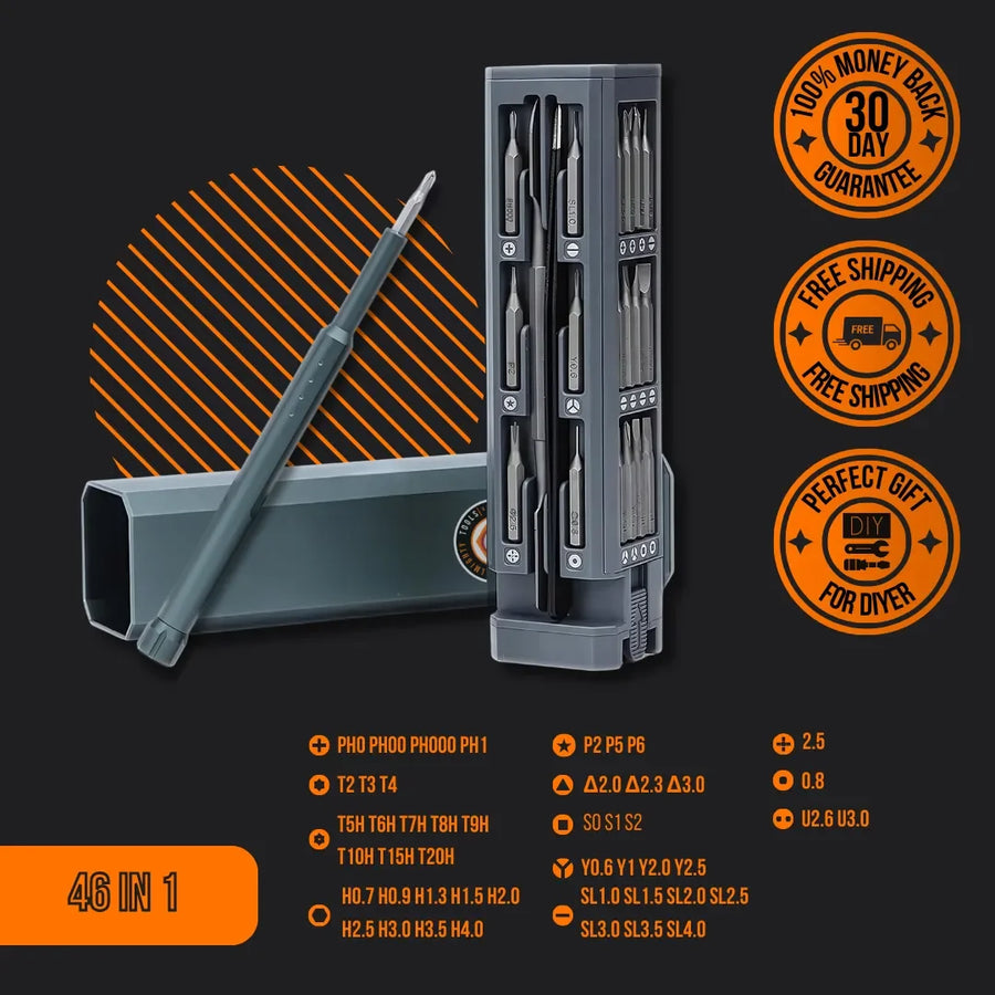 Portable 46-in-1 screwdriver set with magnetic bits, compact case, and repair tool features.