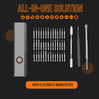 Portable 46-in-1 screwdriver set with 42 S2 magnetic bits, tools, and gray case on black background.