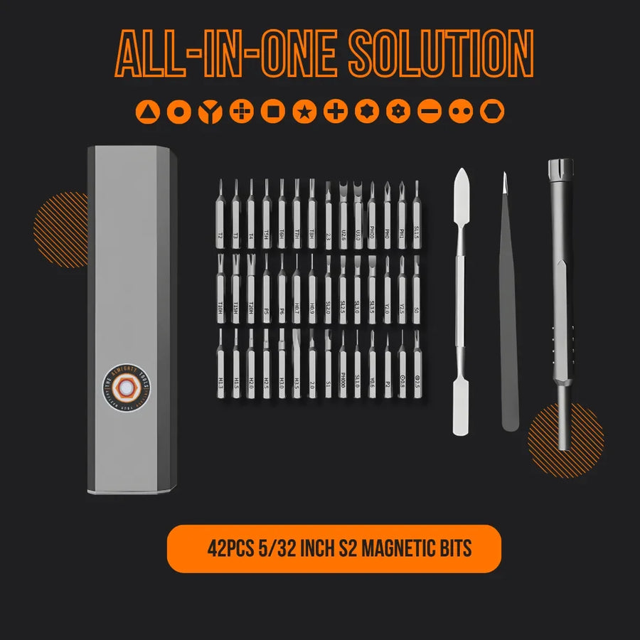Portable 46-in-1 screwdriver set with 42 S2 magnetic bits, tools, and gray case on black background.