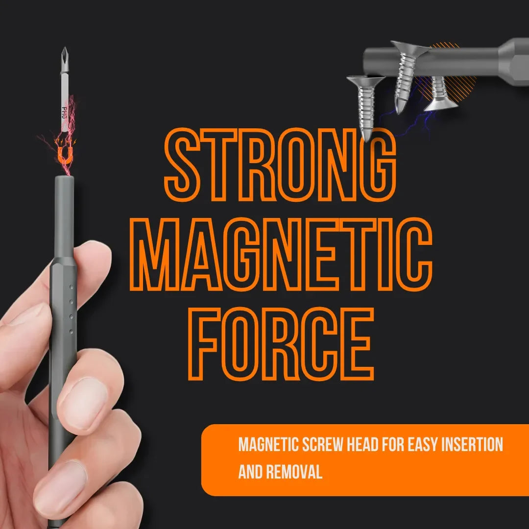 Hand holding portable screwdriver set with magnetic screw head, strong magnetic force text