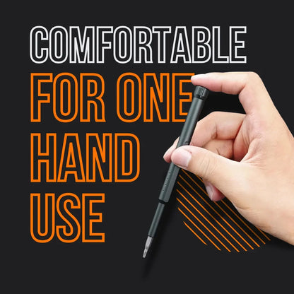 Hand holding compact portable screwdriver, text reads comfortable for one hand use.