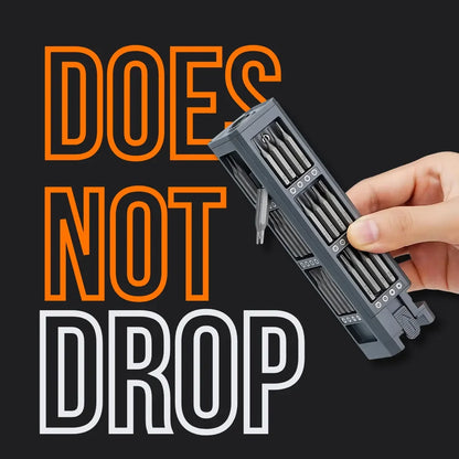 Hand holding portable screwdriver set against black background with 'DOES NOT DROP' text.