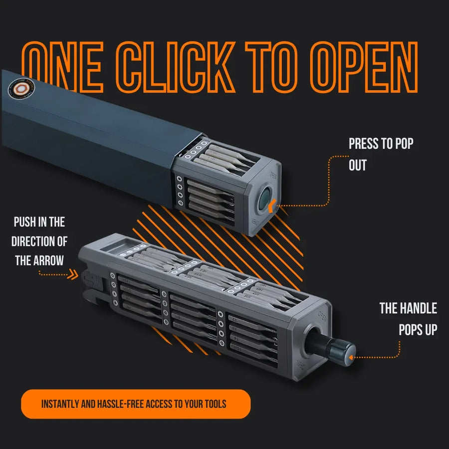 Portable screwdriver set with pop-up handle feature and labeled instructions on black background