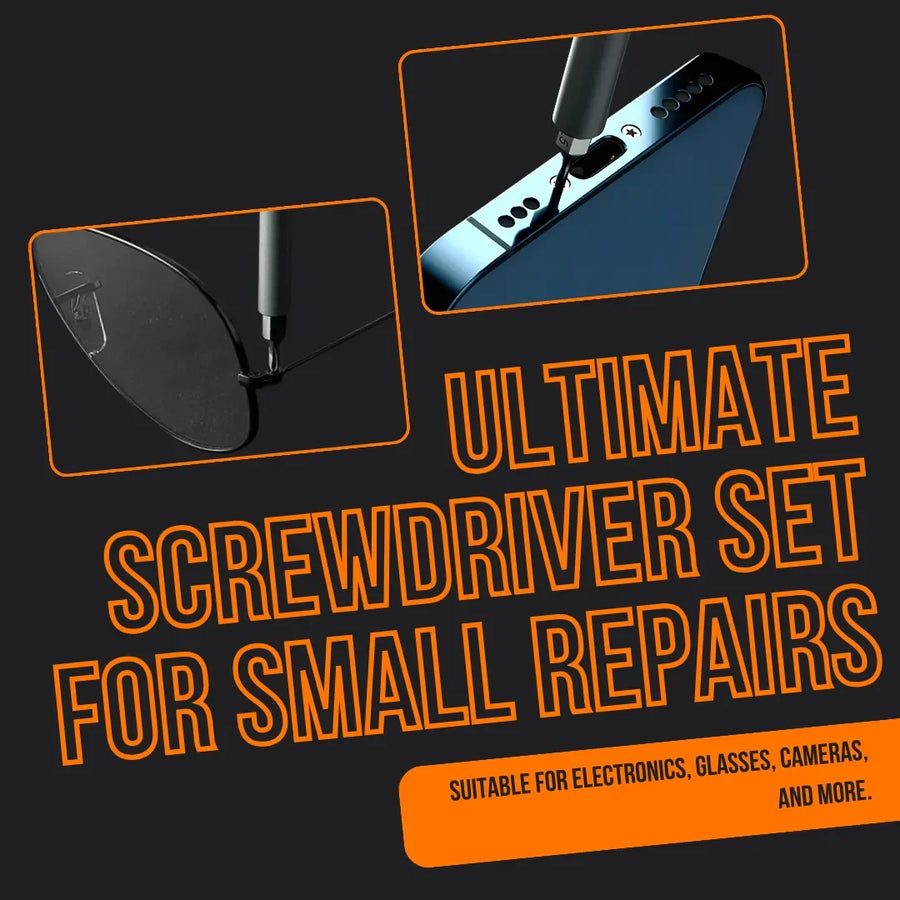 Portable screwdriver set for small repairs, shown fixing eyeglasses and smartphone.