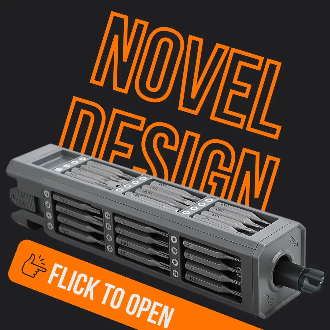 Portable screwdriver set 46 in 1 with novel design, gray case, flick to open feature.