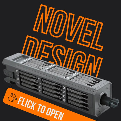 Portable screwdriver set 46 in 1 with novel design, gray case, flick to open feature.