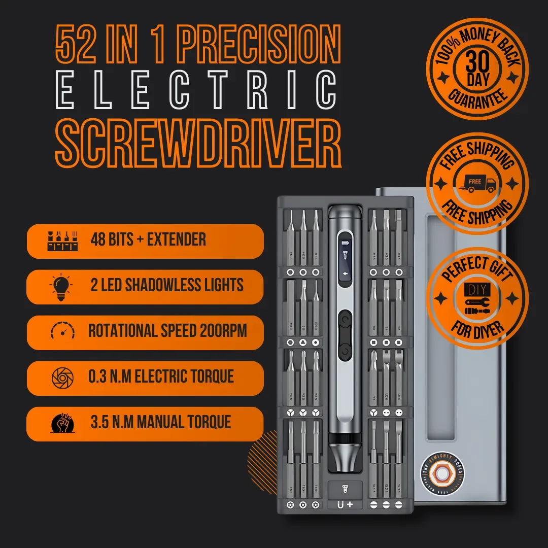 52 in 1 precision electric screwdriver set with bits, LED lights, and storage case