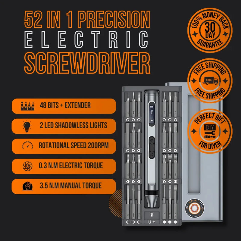 52 in 1 precision electric screwdriver set with bits, LED lights, and storage case