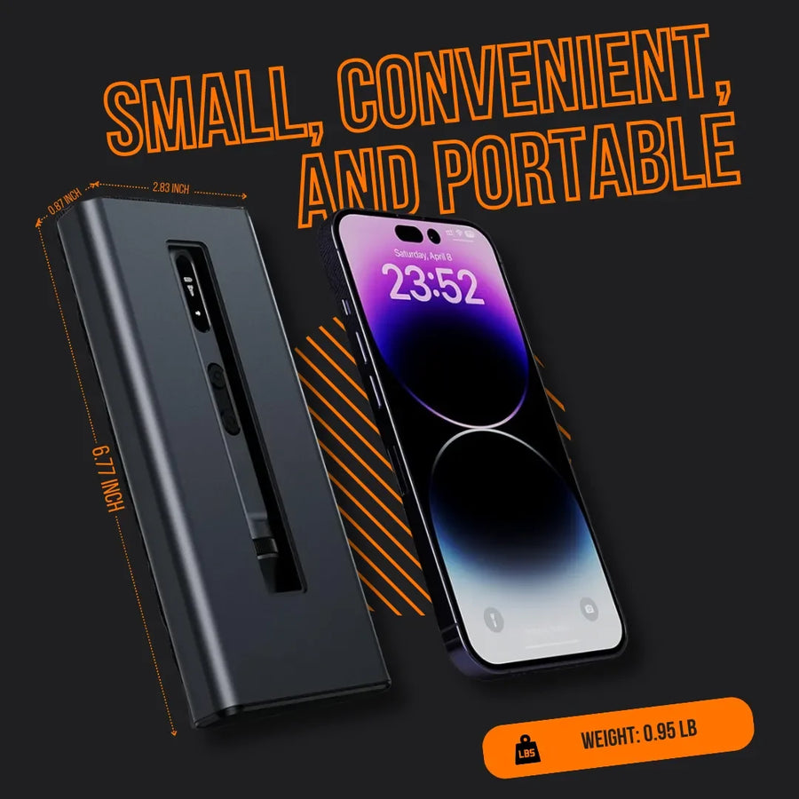 Compact electric screwdriver kit beside smartphone, highlighting portable 6.77 inch size.