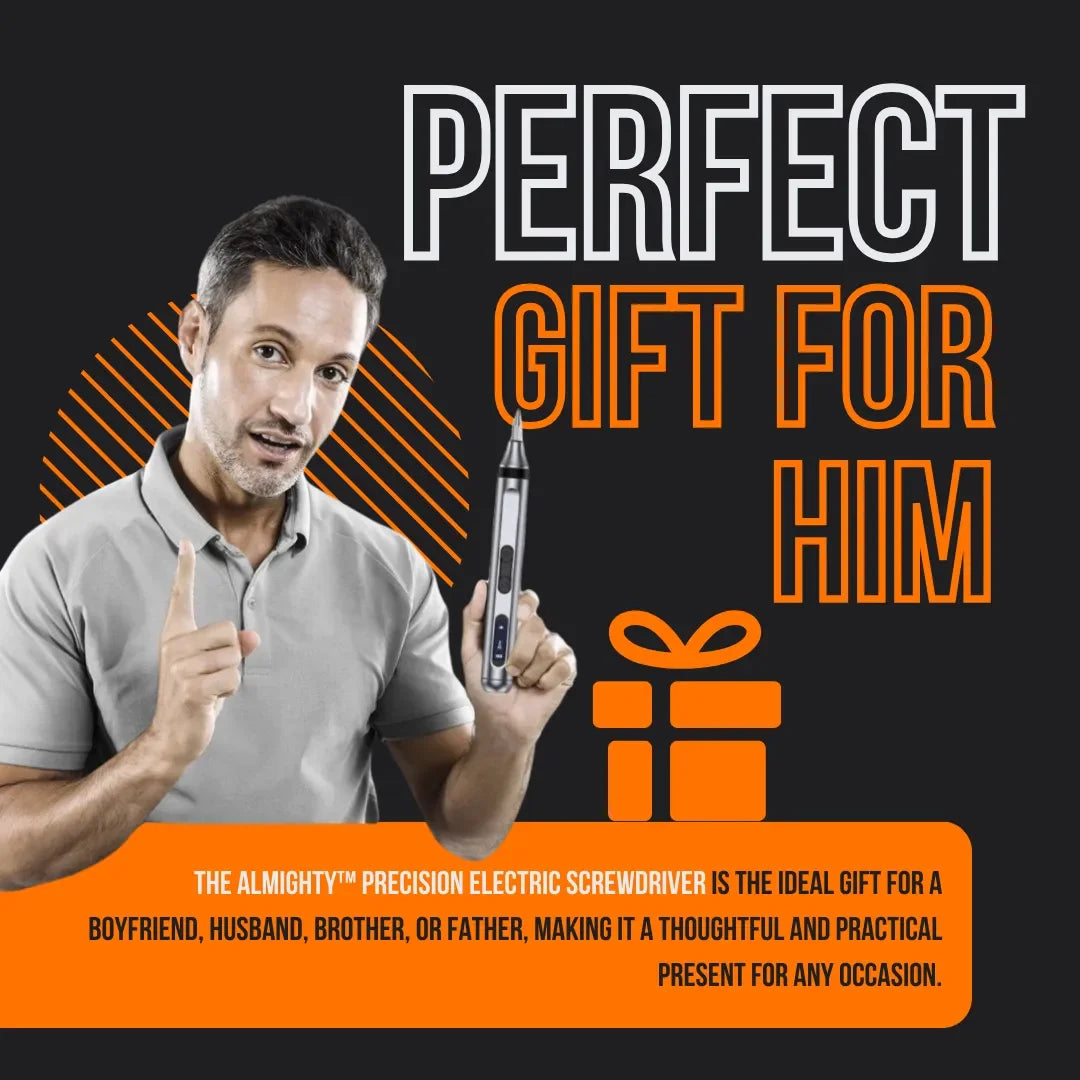 Man holding precision electric screwdriver, text says perfect gift for him, gift icon, black background