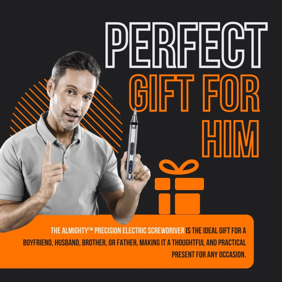 Man holding precision electric screwdriver, text says perfect gift for him, gift icon, black background