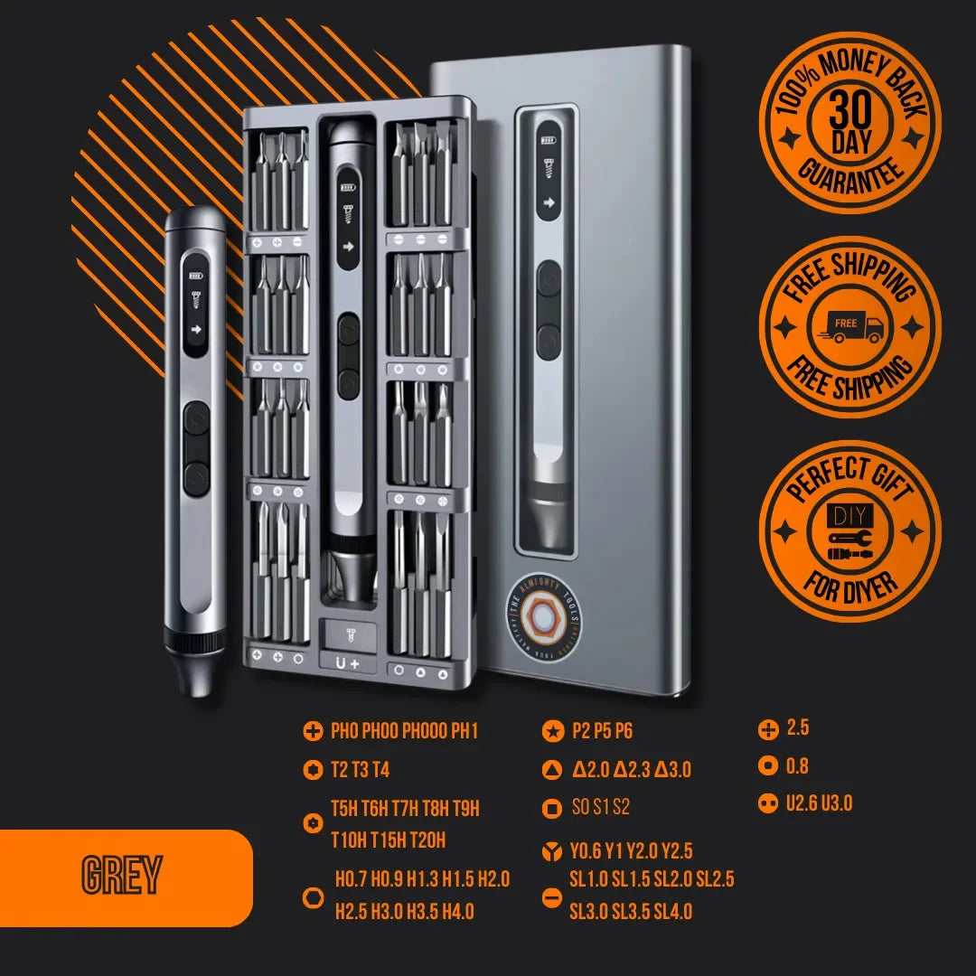 Grey precision electric screwdriver 52-in-1 set with case, bits, and orange guarantee icons