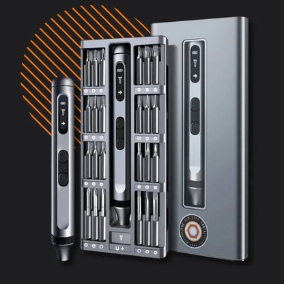 Precision electric screwdriver set with multiple bits and sleek metallic case on dark background.