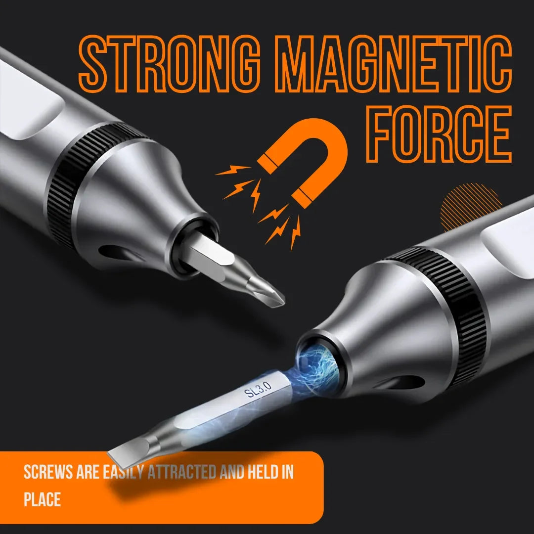 Precision electric screwdriver with magnetic force feature and SL3.0 bit, dark background