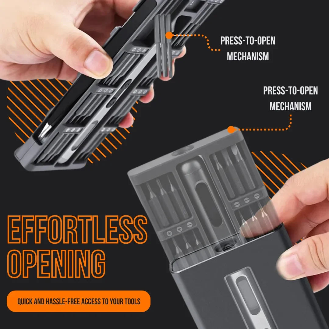 Hands demonstrating press-to-open case for 52-in-1 precision electric screwdriver set