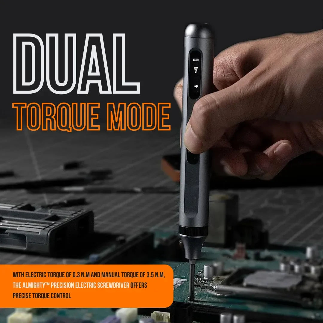 Hand using precision electric screwdriver on circuit board, dual torque mode highlighted