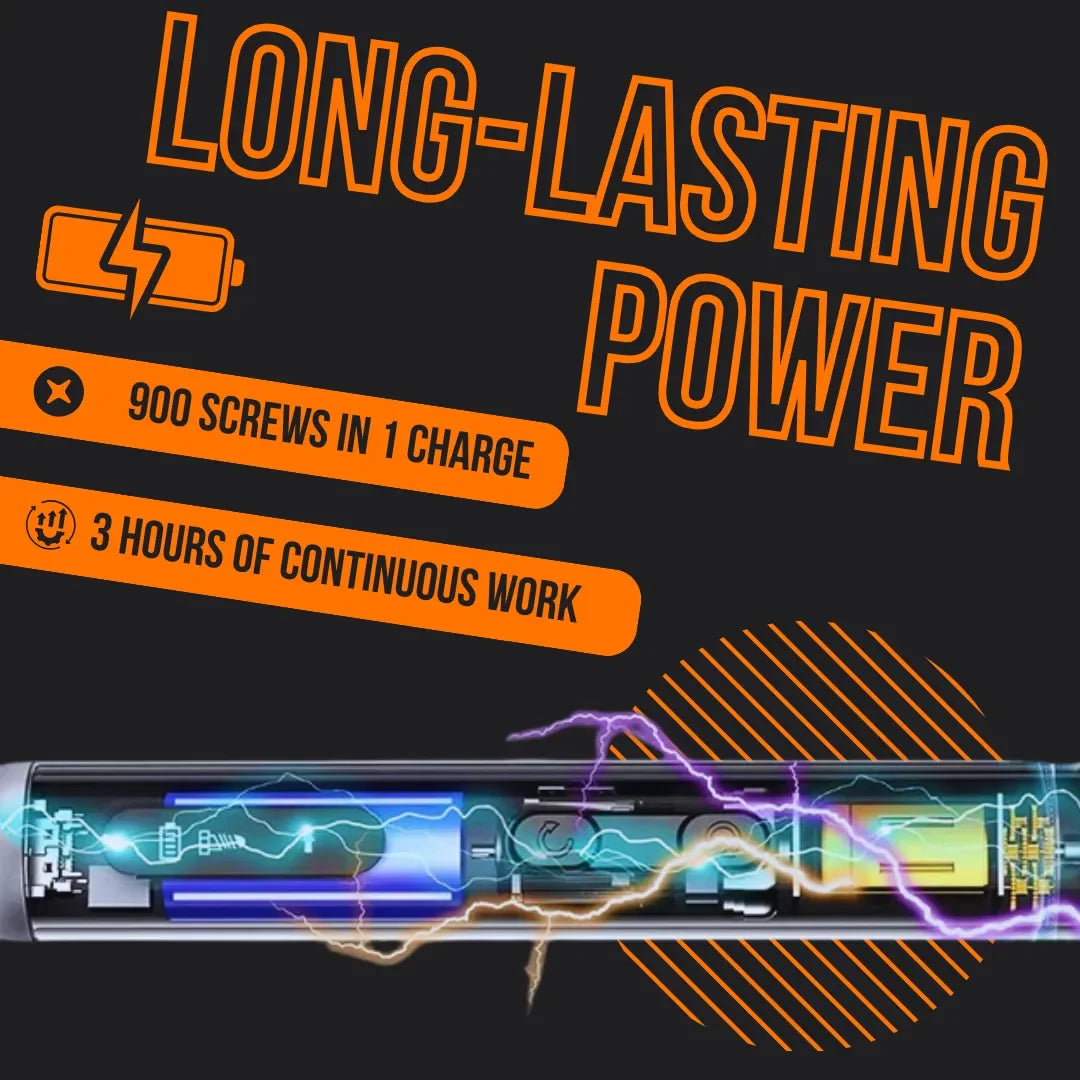 Precision electric screwdriver with internal battery, text highlights long-lasting power, 900 screws per charge, and 3 hours continuous use.