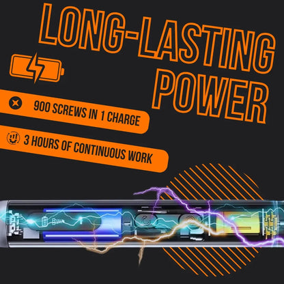 Precision electric screwdriver with internal battery, text highlights long-lasting power, 900 screws per charge, and 3 hours continuous use.