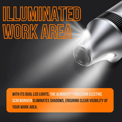 Precision electric screwdriver with dual LED lights illuminating work area on dark background