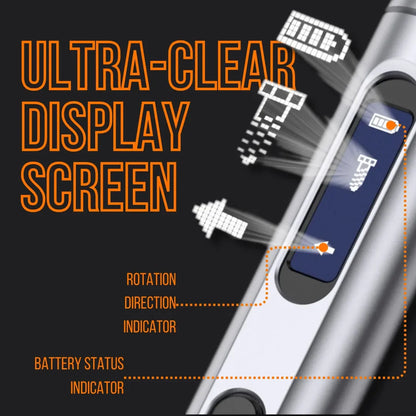 Precision electric screwdriver with ultra-clear display screen showing battery and rotation status.
