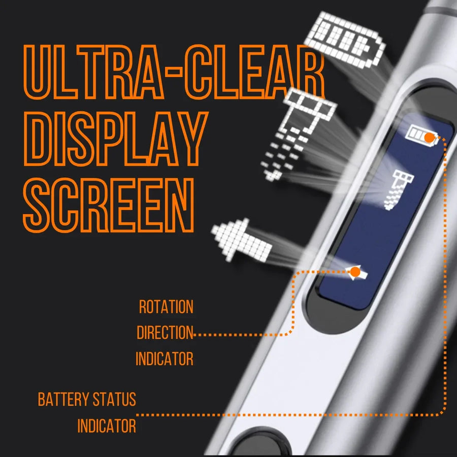 Precision electric screwdriver with ultra-clear display screen showing battery and rotation status.
