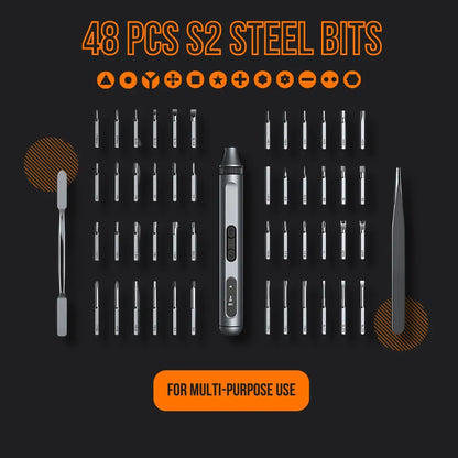 Precision electric screwdriver set with 48 S2 steel bits and multi-purpose tools