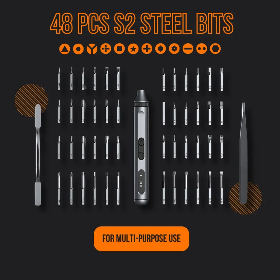 Precision electric screwdriver set with 48 S2 steel bits and multi-purpose tools