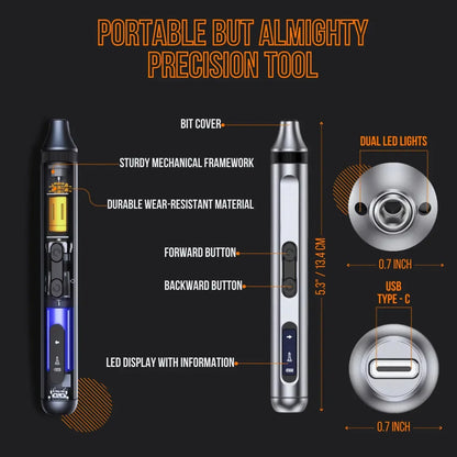 Precision electric screwdriver 52-in-1 with labeled features, LED display, USB-C, dual LED lights