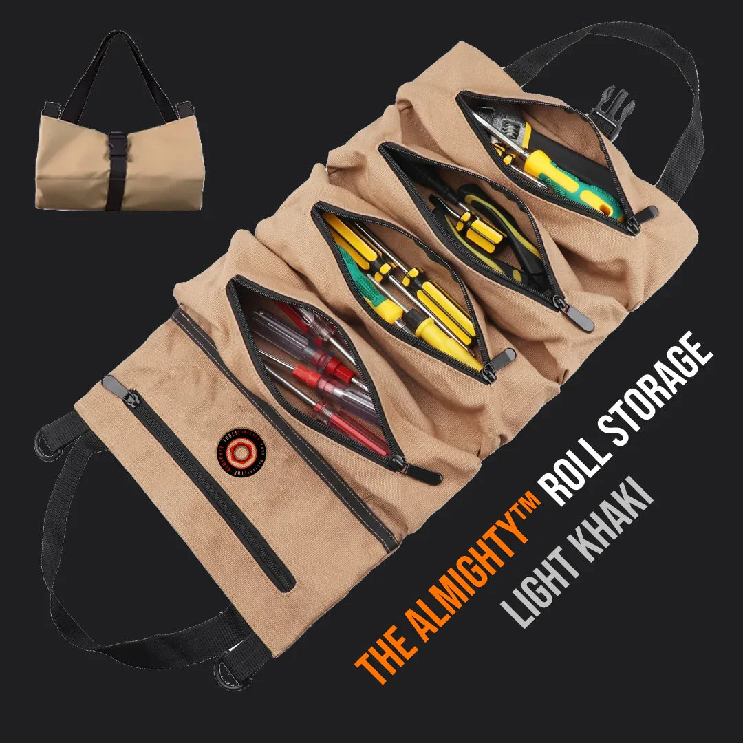 Light khaki roll storage bag with zippered tool compartments and black handles