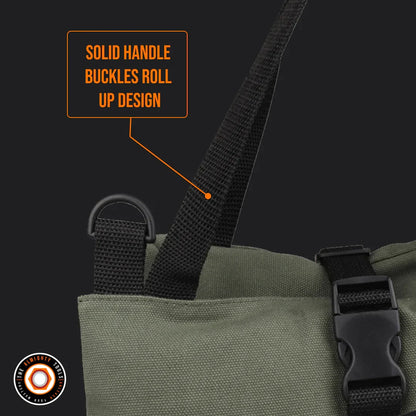 Close-up of olive green tool bag with solid handle, buckle, roll up design and D-ring detail