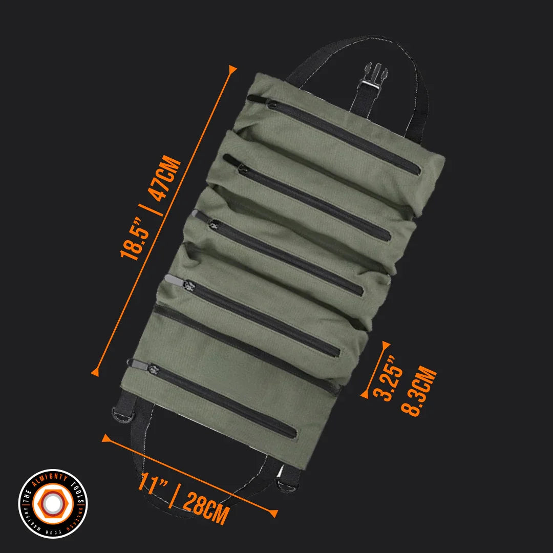 Green roll-up tool storage bag with multiple zippered pockets, size dimensions shown.