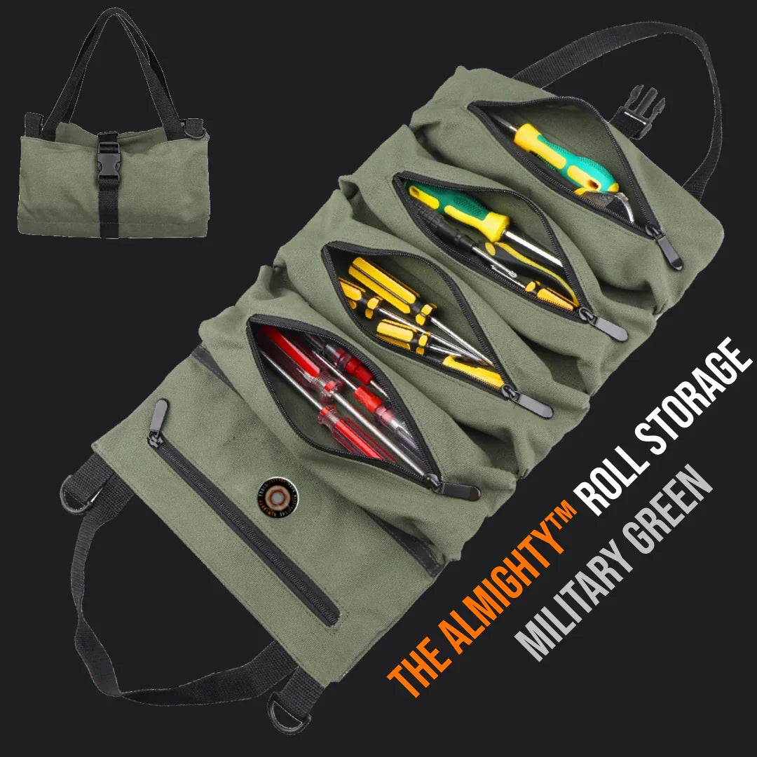 Military green roll-up tool storage bag with zippers, holding screwdrivers and tools.