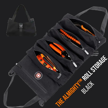 Black roll-up tool storage bag with zippered pockets, holding orange hand tools.