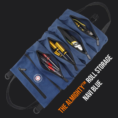 Navy blue roll storage bag open with tools inside, labeled The Almighty Roll Storage.