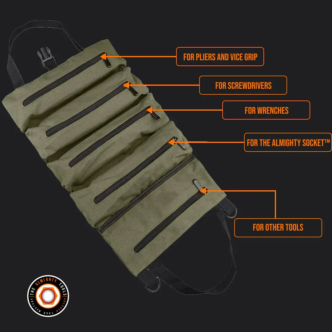 Olive green tool roll organizer with labeled zippered pockets for pliers, screwdrivers, wrenches.