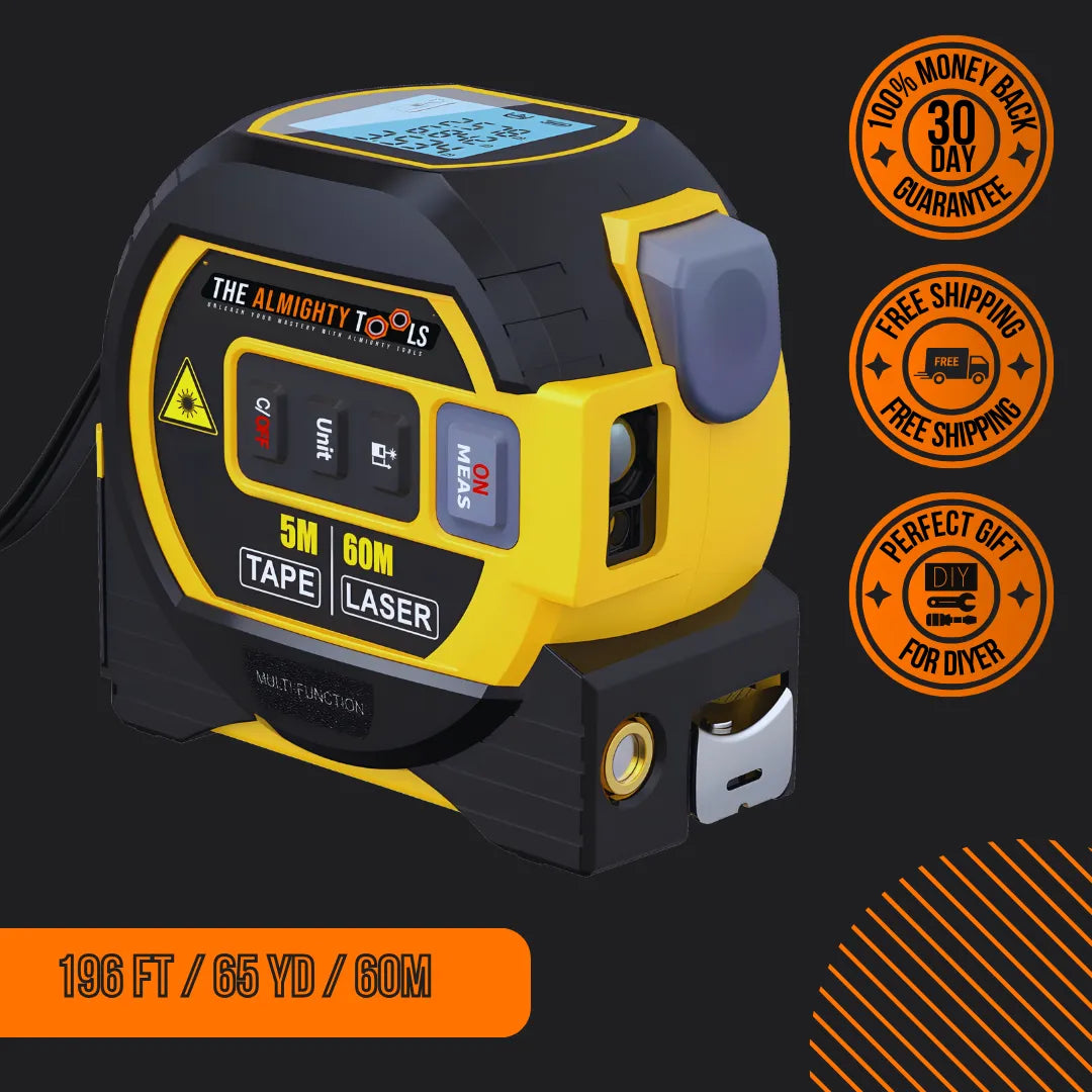 Almighty Tools digital laser tape measure 5M/60M, black and yellow, with guarantee and shipping badges.