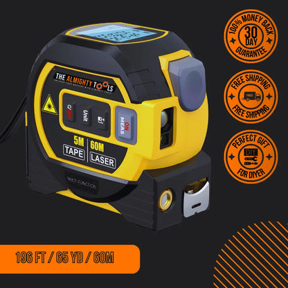 Almighty Tools digital laser tape measure 5M/60M, black and yellow, with guarantee and shipping badges.