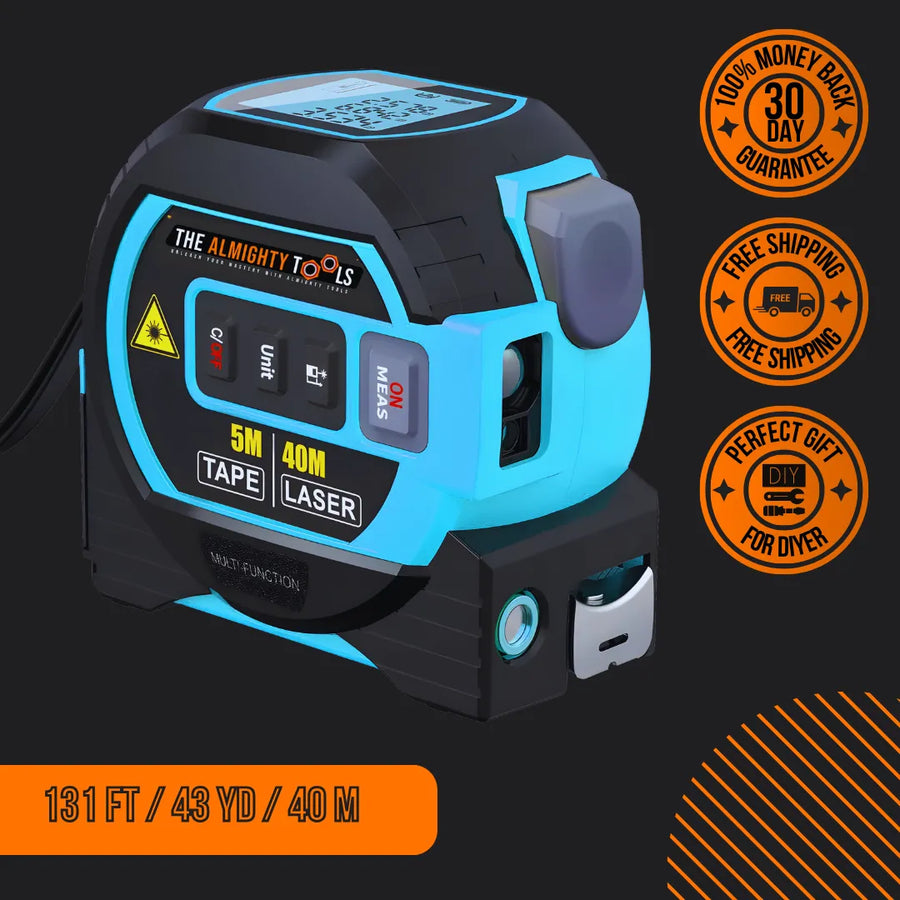 Digital laser tape measure tool, 40m/5m, blue and black, promo badges for DIY.