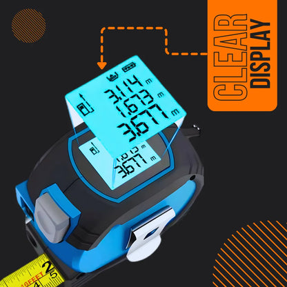 Digital tape measure with clear LCD display and yellow tape, black background
