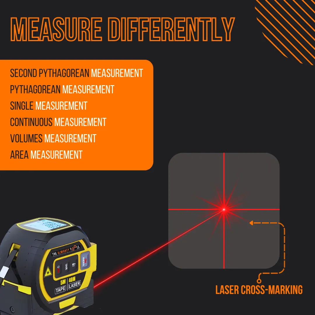 Digital laser tape measure with red laser cross-marking and measurement modes displayed.
