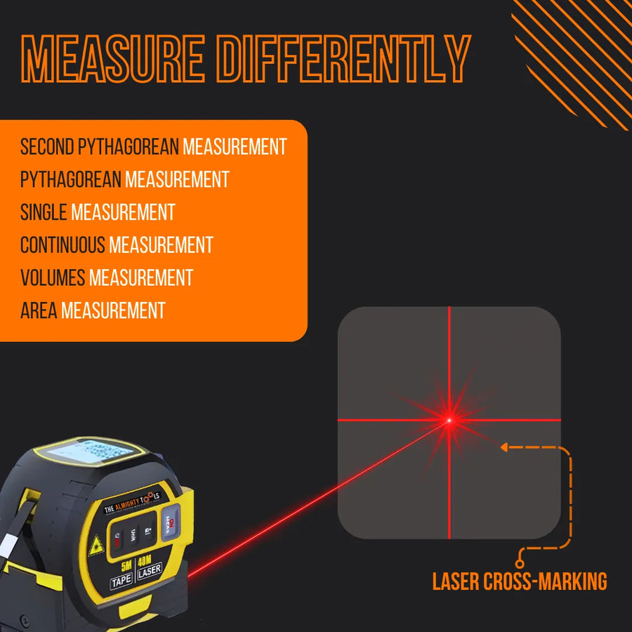 Digital laser tape measure with red laser cross-marking and measurement modes displayed.