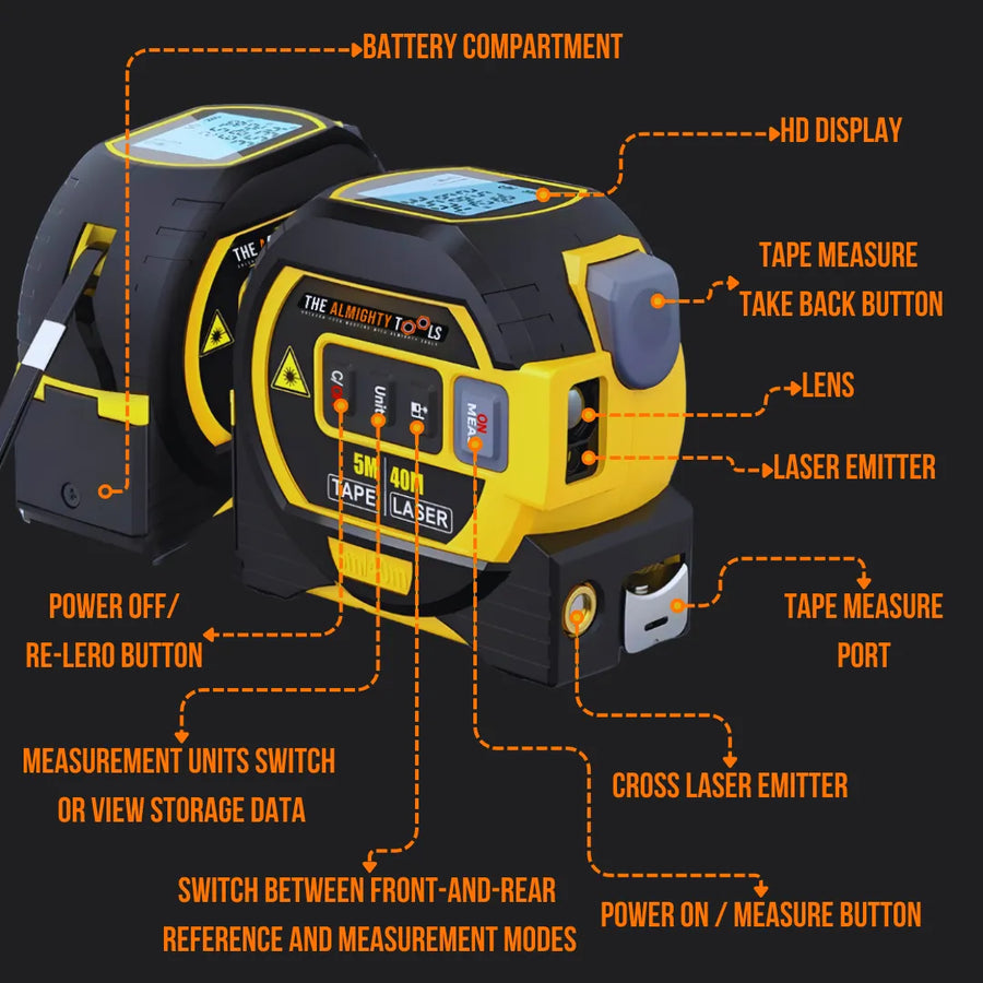 Dual black and yellow digital laser tape measures with labeled buttons and HD display.