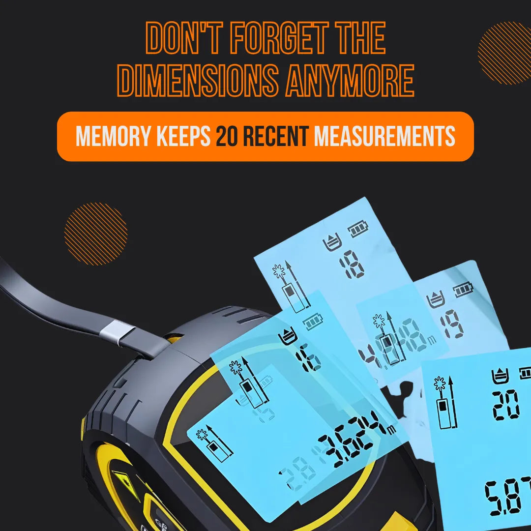 Digital tape measure with LCD memory displays, keeps 20 recent measurement readings